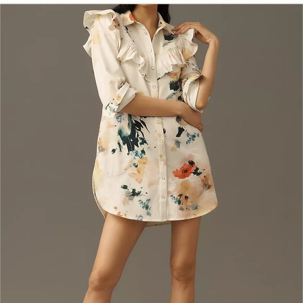 Pilcro Long-Sleeve Ruffled Denim Mini Shirt Dress Sz Med Nwts - Picture 4 of 4
